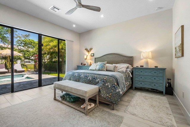 bedroom with access to exterior, visible vents, baseboards, ceiling fan, and recessed lighting