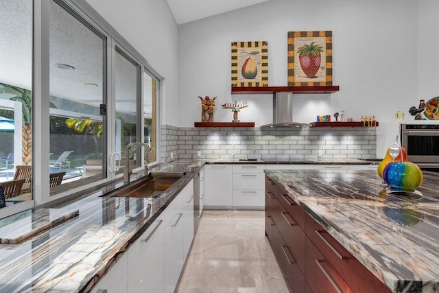 17888 Fieldbrook Cir W, Boca Raton, FL 33496 - kitchen featuring a sink, open shelves, wall chimney range hood, decorative backsplash, and light marble finish flooring