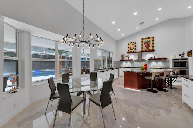 17888 Fieldbrook Cir W, Boca Raton, FL 33496 - dining area featuring a chandelier, recessed lighting, high vaulted ceiling, and baseboards