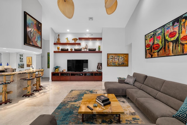 17888 Fieldbrook Cir W, Boca Raton, FL 33496 - living room featuring a towering ceiling, marble tiled floors, and recessed lighting