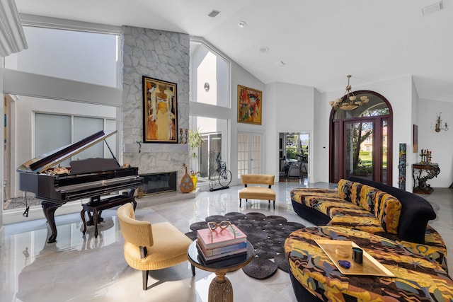 17888 Fieldbrook Cir W, Boca Raton, FL 33496 - living area with a premium fireplace, high vaulted ceiling, and a chandelier