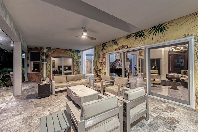 17888 Fieldbrook Cir W, Boca Raton, FL 33496 - view of patio / terrace with an outdoor living space with a fireplace and a ceiling fan