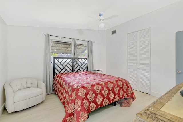 775 Sandia Ave, Port Saint Lucie, FL 34983 - bedroom featuring ceiling fan, a closet, visible vents, lofted ceiling, and light wood finished floors