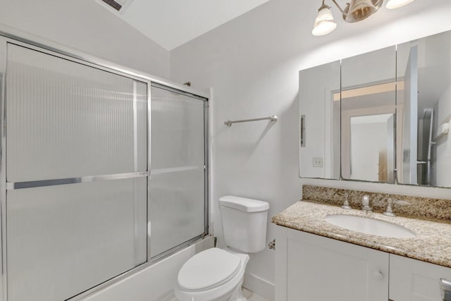 775 Sandia Ave, Port Saint Lucie, FL 34983 - full bath featuring toilet, shower / bath combination with glass door, vanity, and vaulted ceiling