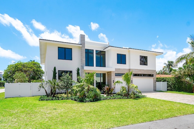 368 Churchill Rd, West Palm Beach, FL 33405 - contemporary house featuring an attached garage, a front lawn, fence, stucco siding, and driveway