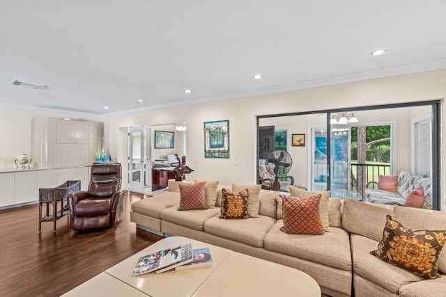 9 Stratford Dr Unit D, Boynton Beach, FL 33436 - living room with recessed lighting, visible vents, wood finished floors, and crown molding