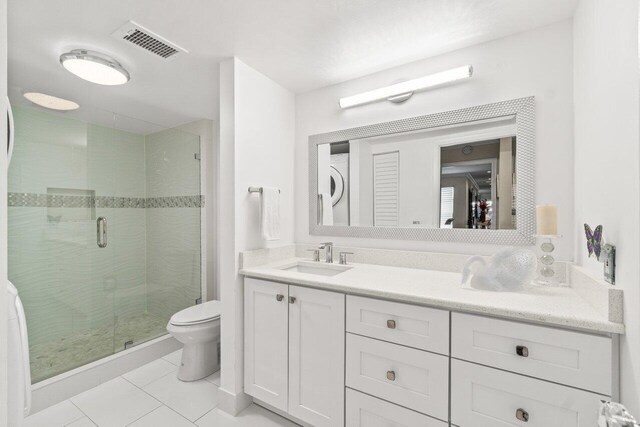 9 Stratford Dr Unit D, Boynton Beach, FL 33436 - full bathroom with vanity, visible vents, tile patterned flooring, a shower stall, and toilet