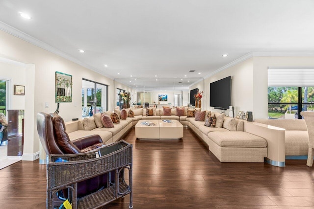 9 Stratford Dr Unit D, Boynton Beach, FL 33436 - living room with crown molding, recessed lighting, and dark wood-style floors