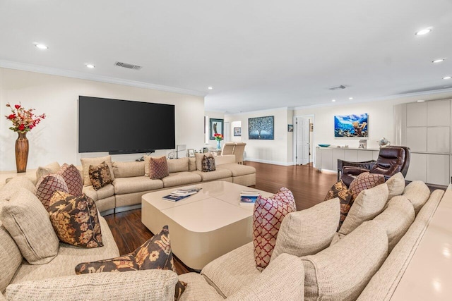 9 Stratford Dr Unit D, Boynton Beach, FL 33436 - living room with recessed lighting, visible vents, dark wood-type flooring, and ornamental molding