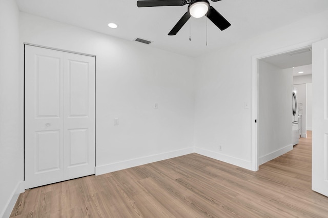 12938 Ellison Wilson Rd, North Palm Beach, FL 33408 - unfurnished bedroom with light wood-type flooring, baseboards, a closet, recessed lighting, and ceiling fan