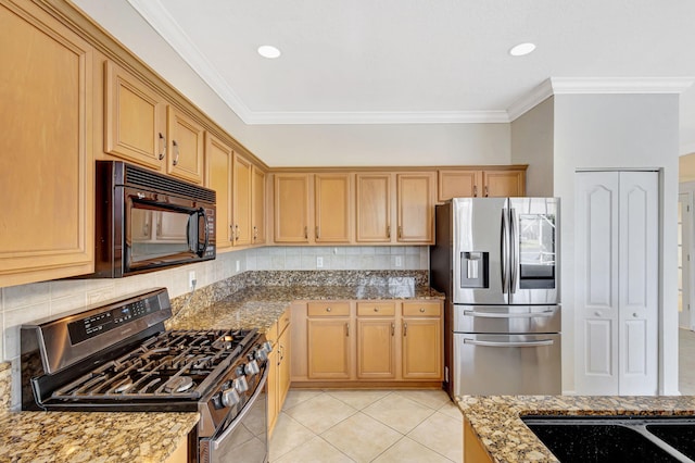 kitchen featuring tasteful backsplash, light tile patterned floors, appliances with stainless steel finishes, crown molding, and stone counters