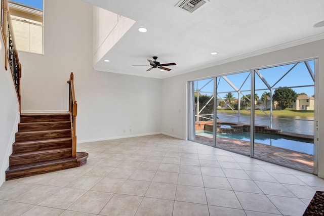 unfurnished living room with recessed lighting, visible vents, crown molding, and ceiling fan