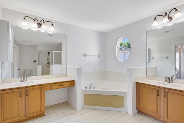 full bathroom featuring a shower stall, a bath, a sink, and visible vents