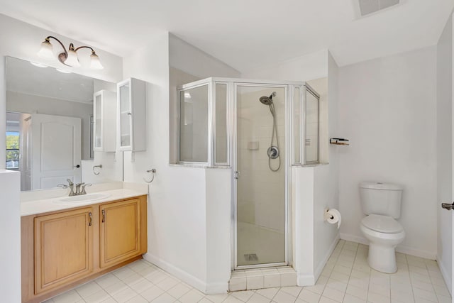full bath with vanity, visible vents, toilet, a stall shower, and baseboards