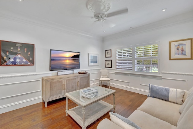 15082 Tall Oak Ave, Delray Beach, FL 33446 - living area featuring crown molding, a ceiling fan, wood finished floors, wainscoting, and recessed lighting