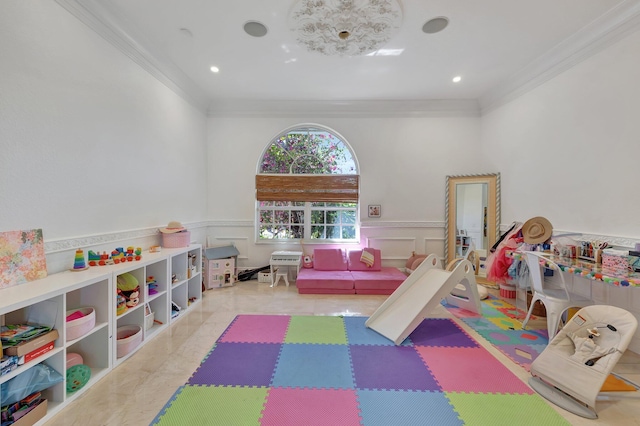15082 Tall Oak Ave, Delray Beach, FL 33446 - playroom featuring a decorative wall, crown molding, recessed lighting, and wainscoting