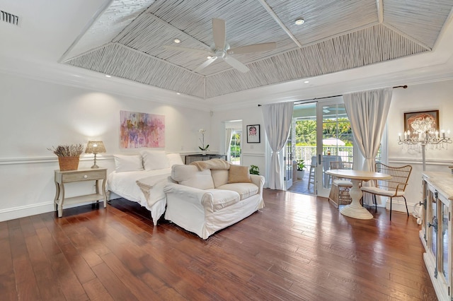 15082 Tall Oak Ave, Delray Beach, FL 33446 - bedroom featuring a tray ceiling, access to exterior, crown molding, hardwood / wood-style flooring, and visible vents