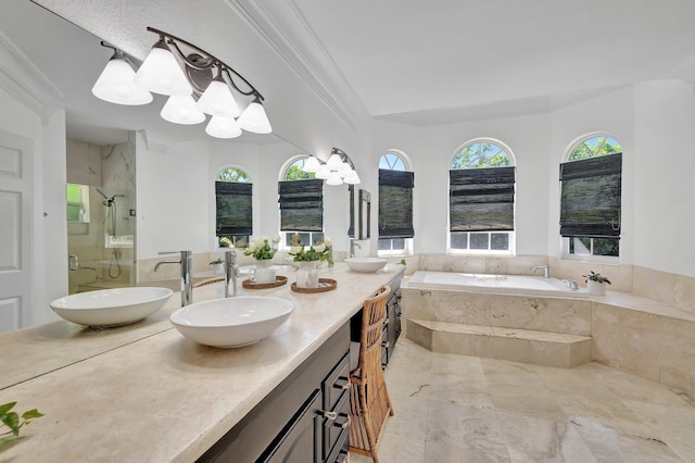 15082 Tall Oak Ave, Delray Beach, FL 33446 - bathroom featuring a sink, crown molding, a garden tub, and a shower stall