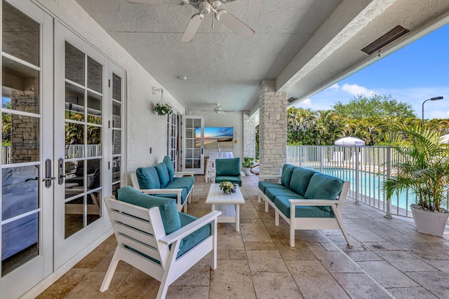 15082 Tall Oak Ave, Delray Beach, FL 33446 - view of patio / terrace featuring outdoor lounge area, ceiling fan, french doors, and a fenced in pool