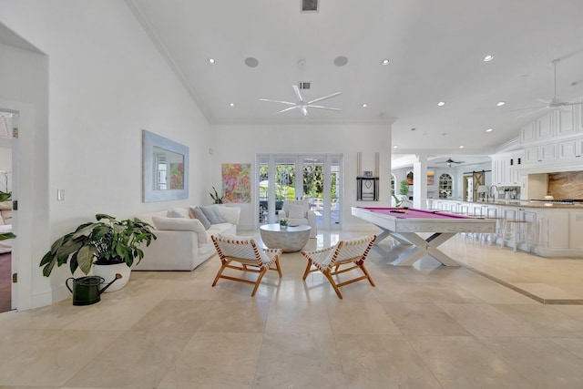 15082 Tall Oak Ave, Delray Beach, FL 33446 - dining room featuring high vaulted ceiling, crown molding, recessed lighting, a ceiling fan, and french doors