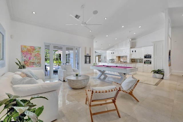 15082 Tall Oak Ave, Delray Beach, FL 33446 - living area featuring high vaulted ceiling, pool table, french doors, ceiling fan, and ornamental molding