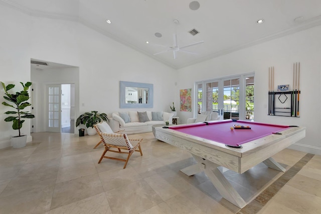 15082 Tall Oak Ave, Delray Beach, FL 33446 - recreation room with visible vents, high vaulted ceiling, french doors, and a ceiling fan