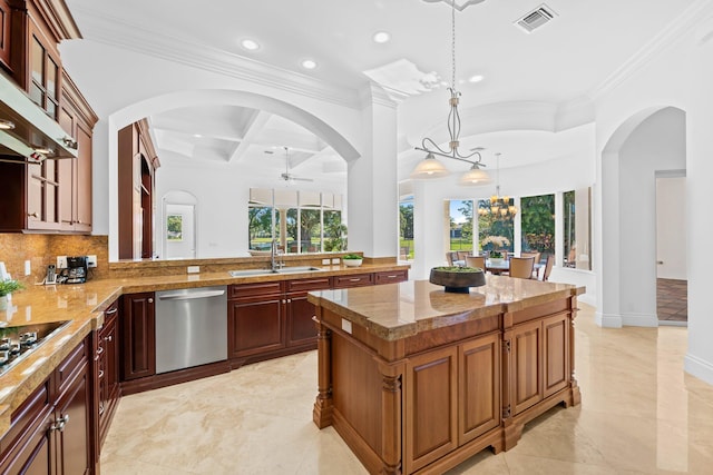 2885 Banyan Boulevard Cir NW, Boca Raton, FL 33431 - kitchen with dishwasher, visible vents, a sink, crown molding, and ceiling fan