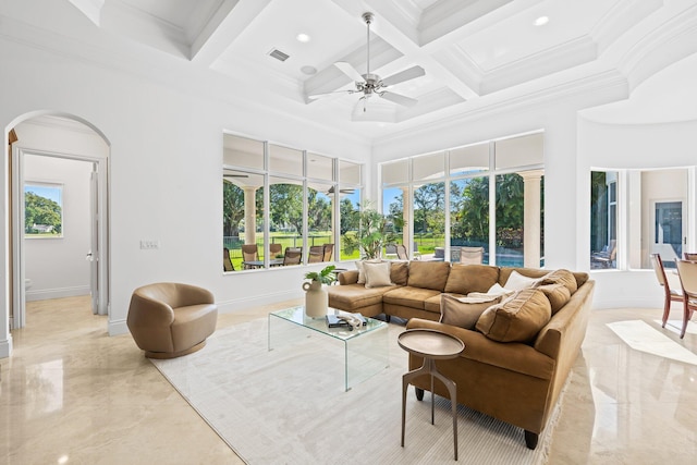 2885 Banyan Boulevard Cir NW, Boca Raton, FL 33431 - living area featuring a ceiling fan, marble finish floor, arched walkways, coffered ceiling, and visible vents
