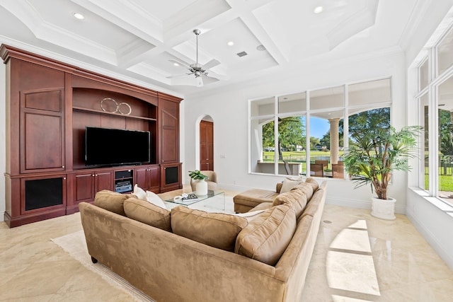 2885 Banyan Boulevard Cir NW, Boca Raton, FL 33431 - living area featuring arched walkways, beamed ceiling, recessed lighting, and coffered ceiling