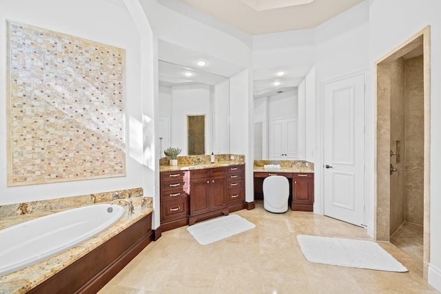 2885 Banyan Boulevard Cir NW, Boca Raton, FL 33431 - bathroom featuring recessed lighting, a tile shower, a bath, and vanity