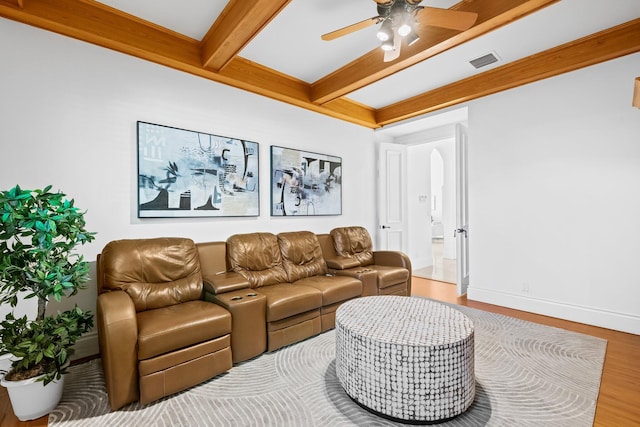 2885 Banyan Boulevard Cir NW, Boca Raton, FL 33431 - living room featuring baseboards, visible vents, beamed ceiling, wood finished floors, and ceiling fan