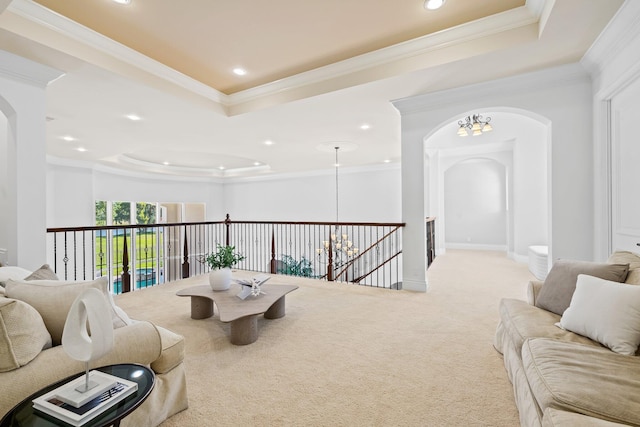2885 Banyan Boulevard Cir NW, Boca Raton, FL 33431 - living area featuring arched walkways, a raised ceiling, carpet, and recessed lighting