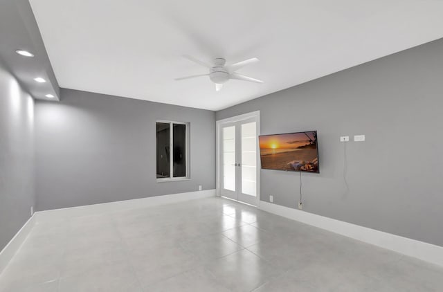 unfurnished room with baseboards, recessed lighting, ceiling fan, and french doors