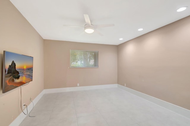 unfurnished room featuring baseboards, ceiling fan, recessed lighting, and light tile patterned floors