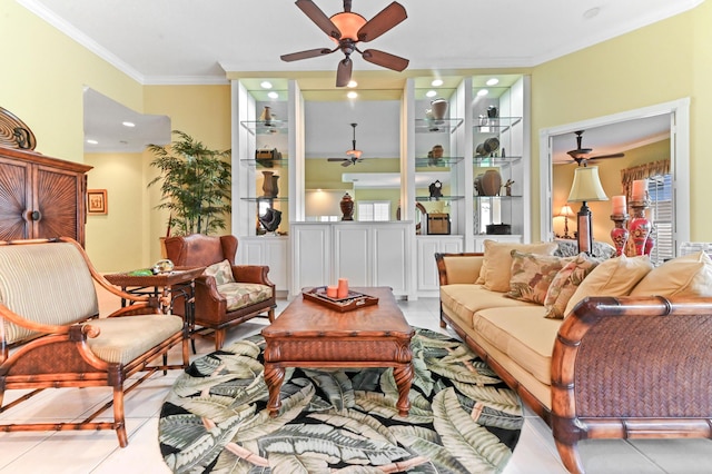 8378 Xanthus Ln, Wellington, FL 33414 - tiled living room featuring ceiling fan and crown molding
