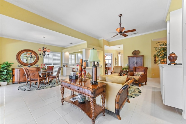 8378 Xanthus Ln, Wellington, FL 33414 - living area featuring ornamental molding, a ceiling fan, a chandelier, light tile patterned floors, and baseboards