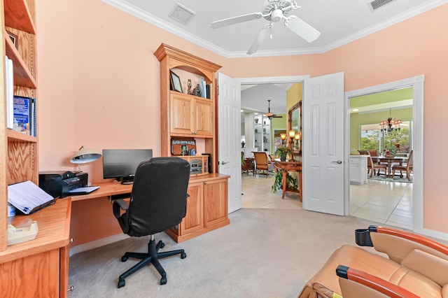 8378 Xanthus Ln, Wellington, FL 33414 - office space featuring a ceiling fan, crown molding, light carpet, a chandelier, and light tile patterned floors