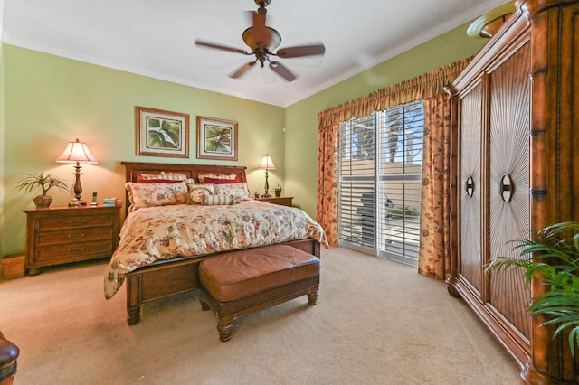 8378 Xanthus Ln, Wellington, FL 33414 - bedroom with access to exterior, light carpet, ornamental molding, and ceiling fan