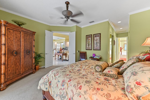 8378 Xanthus Ln, Wellington, FL 33414 - bedroom featuring light colored carpet, crown molding, baseboards, ceiling fan, and recessed lighting