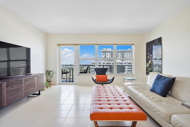 tiled living room with a city view