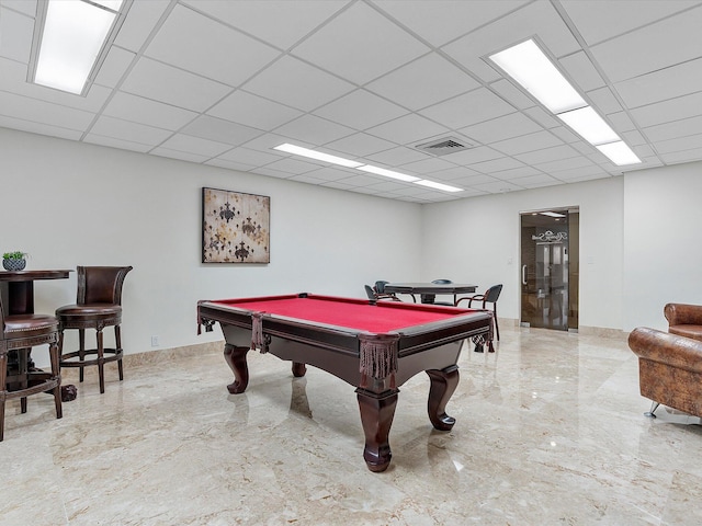 game room with a drop ceiling, marble finish floor, billiards, and visible vents