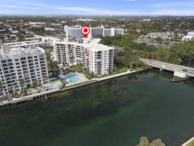 aerial view featuring a water view and a city view