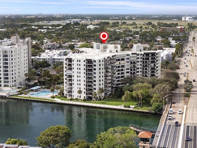 birds eye view of property featuring a water view