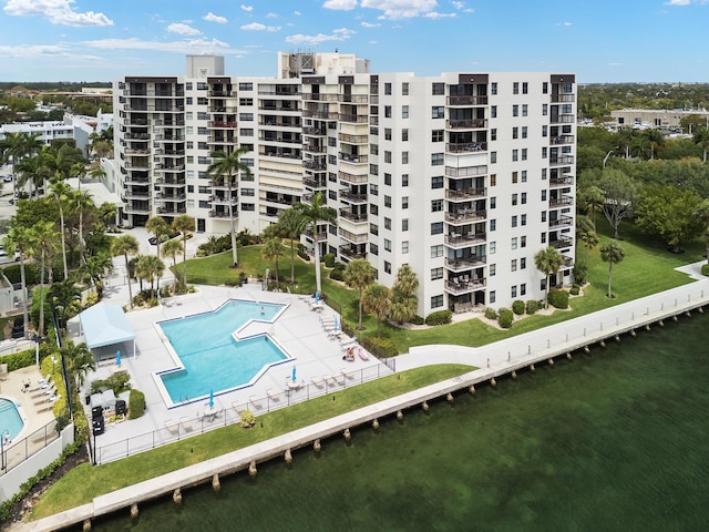 exterior space with a water view