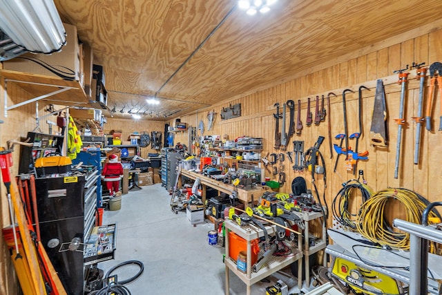 garage featuring wooden walls and a workshop area