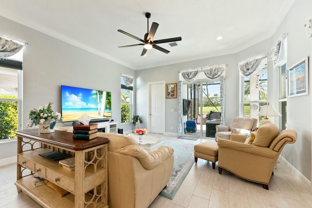 9129 SW Pepoli Way, Port Saint Lucie, FL 34987 - living room with plenty of natural light, baseboards, a ceiling fan, crown molding, and recessed lighting