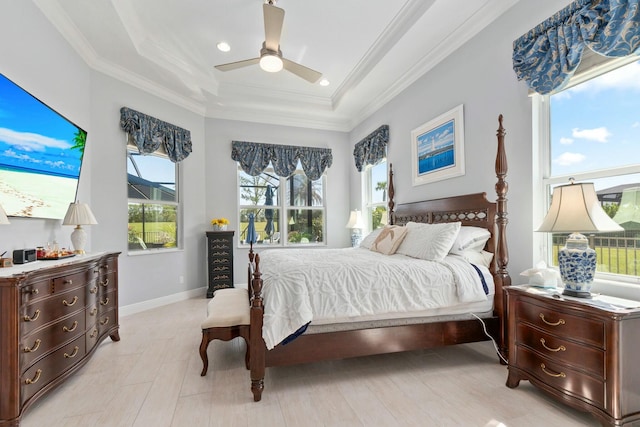 9129 SW Pepoli Way, Port Saint Lucie, FL 34987 - bedroom featuring a tray ceiling, crown molding, a ceiling fan, baseboards, and recessed lighting