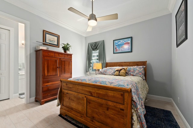9129 SW Pepoli Way, Port Saint Lucie, FL 34987 - bedroom with crown molding, ensuite bath, baseboards, and a ceiling fan