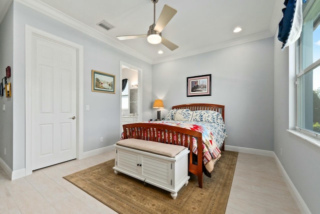 9129 SW Pepoli Way, Port Saint Lucie, FL 34987 - bedroom featuring ornamental molding, recessed lighting, baseboards, ensuite bath, and a ceiling fan