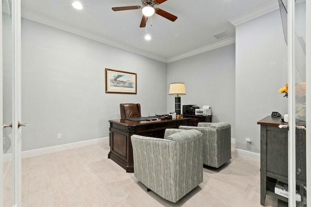 9129 SW Pepoli Way, Port Saint Lucie, FL 34987 - office with a ceiling fan, ornamental molding, baseboards, and recessed lighting